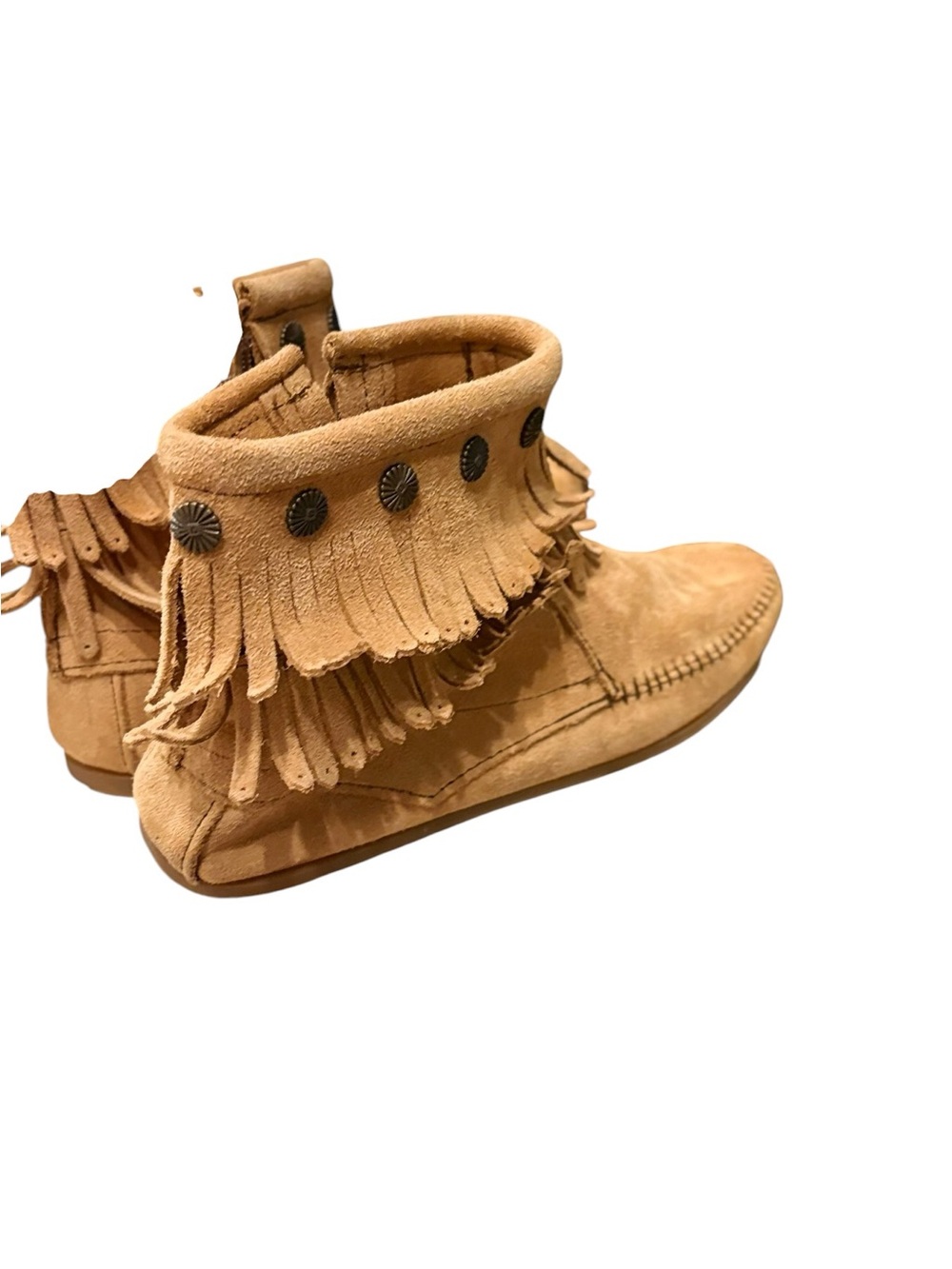 Minnetonka Tan Suede Moccasin Fringe Fall Cozy Short Boots Zip Closure sz 8.5 - Picture 9 of 15